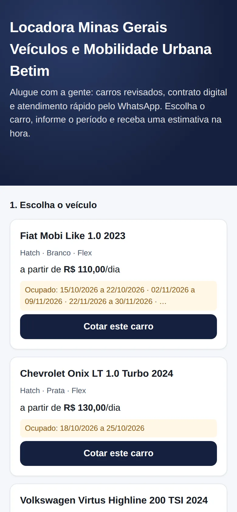 Página pública de cotação aberta no celular, com a lista de carros disponíveis