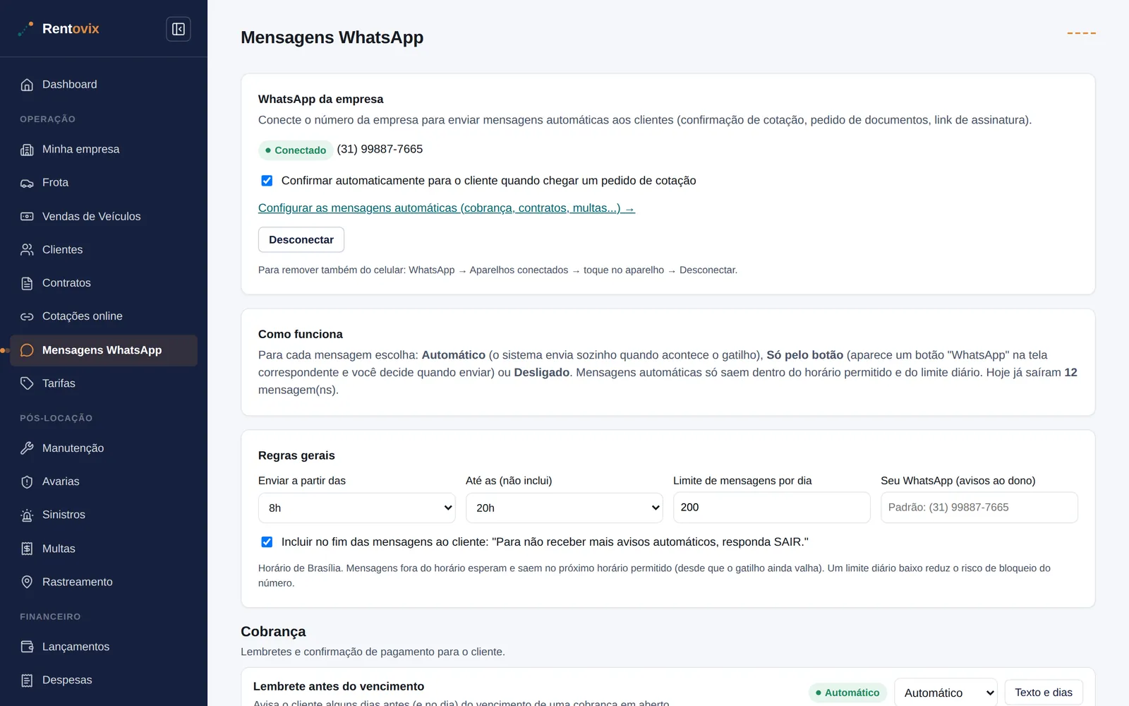 Tela de configuração das mensagens automáticas de WhatsApp, com horário, limite diário e regras de cobrança